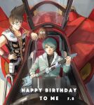  2boys absurdres aircraft airplane black_jumpsuit black_shirt blue_eyes blue_hair brown_hair cockpit crossover fighter_jet fire_valkyrie glasses guitar gundam guvava hair_behind_ear happy_birthday highres holding holding_instrument instrument jet kamille_bidan looking_ahead macross macross_7 male_focus mecha military military_vehicle multiple_boys nekki_basara nekkikamille pilot_suit shirt sitting variable_fighter zeta_gundam 