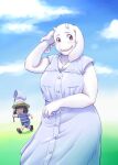  2021 anthro blush bovid caprine clothing cloudscape dress female fur goat hi_res human mammal mature_female onda_seki protagonist_(undertale) sky solo toriel undertale video_games white_body white_fur 