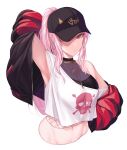 1girl absurdres arm_up armpits baseball_cap breasts ckhd cleavage earrings fishnets hat highres hololive hololive_english jacket jewelry midriff mori_calliope navel necklace one_eye_covered pink_hair ponytail red_eyes simple_background solo tank_top tsurime upper_body virtual_youtuber white_background 