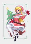  1girl adapted_costume alternate_costume bell belt black_footwear blonde_hair blue_eyes bodice christmas christmas_present christmas_tree commentary english_commentary fonteart gem gloves hat highres jewelry looking_at_viewer mario_(series) neck_bell parted_lips pink_headwear pink_lips princess_peach santa_costume santa_hat signature thighhighs 