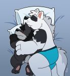  2021 anthro black_body black_fur black_nose canid canine canis clothing duo eyes_closed fur giant_panda hi_res hug hybrid male male/male mammal pillow sleeping slightly_chubby thepandobo underwear ursid white_body white_fur wolf 