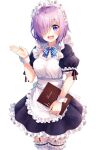  1girl apron bangs breasts fate/grand_order fate_(series) hair_over_one_eye holding looking_at_viewer maid maid_apron maid_headdress mash_kyrielight menu nonono open_mouth purple_eyes purple_hair ribbon short_hair simple_background smile solo standing thighhighs white_background white_legwear wrist_cuffs 