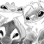  1:1 2021 alien antennae_(anatomy) chest_tuft dipstick_antennae disney experiment_(lilo_and_stitch) experiment_627 fur greyscale grin group head_tuft hi_res kajabuubuu leroy_(lilo_and_stitch) lilo_and_stitch looking_at_viewer monochrome multicolored_antennae notched_ear simple_background smile sparky_(lilo_and_stitch) trio tuft white_background 