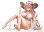  azur_lane barefoot bikini breasts cleavage cosplay gray_hair hat long_hair original red_eyes see_through sunglasses swimsuit underboob white whois 