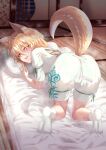  1girl animal_ears blonde_hair breasts eyebrows_visible_through_hair fox_ears fox_shadow_puppet fox_tail hair_between_eyes highres kudamaki_tsukasa looking_at_viewer nomayo object_insertion pussy_juice short_hair short_sleeves simple_background solo tail test_tube touhou vaginal vaginal_object_insertion yellow_eyes 