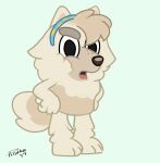  accessory anthro bluey_(show) canid canine canis domestic_dog female fur grey_body grey_fur hands_on_hips head_tuft headband japanese_spitz judo_(bluey) mammal open_mouth plinko signature simple_background solo spitz standing text tuft 
