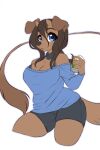  anthro blue_eyes bottomwear bra breasts brown_body brown_fur brown_hair canid canine canis clothed clothing collar domestic_dog female floppy_ears fully_clothed fur hair hammer_(misshammer) hi_res horn looking_at_viewer mammal misshammer open_mouth shirt shorts simple_background solo topwear underwear 