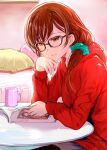  1girl aqua_scrunchie bed brown_hair commentary_request cup glasses hair_ornament hair_scrunchie hand_on_own_cheek hand_on_own_face highres hood hoodie kanojo_okarishimasu magazine mikazuki_akira! mug open_magazine pillow red_hoodie scrunchie sitting solo table 