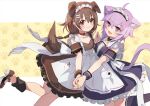  2girls :3 :d ahoge alternate_costume animal_ears apron bangs black_dress black_legwear blush bone_hair_ornament brown_dress brown_eyes brown_footwear brown_hair cartoon_bone cat_ears cat_girl cat_tail closed_mouth commentary_request dog_ears dog_girl dog_tail dress enmaided eyebrows_visible_through_hair fang feet_out_of_frame frilled_dress frills hair_between_eyes hair_ornament holding_hands hololive inugami_korone kneehighs maid maid_day maid_headdress multiple_girls nail_polish nekomata_okayu open_mouth outstretched_arm purple_eyes purple_hair purple_nails shadowsinking shoes smile standing standing_on_one_leg tail white_apron wrist_cuffs yellow_nails 