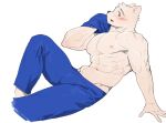  abs anthro bottomwear canid canine canis clothing domestic_dog fur hi_res kemono male mammal muscular muscular_anthro muscular_male nipples pecs simple_background solo syukapong white_body white_fur 