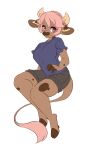  anthro beauty_mark bottomwear bovid bovine breasts brown_body brown_fur cattle clothed clothing cloven_hooves coco_(misshammer) female fully_clothed fur hair hi_res hooves horn looking_at_viewer mammal misshammer pink_eyes pink_hair shirt shorts solo tail_tuft topwear tuft 