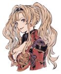  1girl armor bangs blonde_hair blue_eyes blush braid breasts cleavage granblue_fantasy hair_intakes hair_ornament hairband highres large_breasts long_hair looking_at_viewer shimatani_azu solo twintails zeta_(granblue_fantasy) 