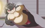  anthro aosano_tenpura asian_clothing bedding belly blanket blush canid canine canis clothing domestic_dog east_asian_clothing fundoshi futon hair hi_res inviting japanese_clothing long_hair male mammal musclegut navel nipples pecs ponytail shino_(housamo) solo tokyo_afterschool_summoners underwear video_games 