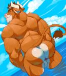  anthro back_muscles backsack balls bovid bovine brown_hair butt cattle facial_piercing genitals ghoskee hair hi_res horn looking_back male mammal muscular muscular_anthro muscular_male nose_piercing nose_ring nude partially_submerged piercing rear_view sea sky solo water wet 