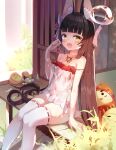  1girl :d absurdres animal_ear_fluff animal_ears bangs bare_shoulders bikini bikini_under_clothes black_hair blunt_bangs chinese_commentary commentary_request copyright_request eyebrows_visible_through_hair feet_out_of_frame food fox_ears fox_mask highres holding holding_food jewelry long_hair looking_at_viewer mask mask_on_head necklace open_mouth qiuyueruona red_bikini ribbon-trimmed_legwear ribbon_trim see-through side-tie_bikini sitting smile solo strap_slip swimsuit thighhighs very_long_hair white_legwear yellow_eyes 