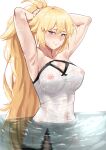  1girl absurdres armpits blonde_hair breasts collarbone covered_navel covered_nipples fate/grand_order fate_(series) highres jeanne_d&#039;arc_(fate) jeanne_d&#039;arc_(fate)_(all) large_breasts long_hair partially_submerged ponytail purple_eyes ryougi_ayato see-through smile solo very_long_hair wet wet_clothes 