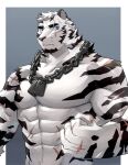  anthro arknights blue_eyes clothing digital_media_(artwork) felid fur hair hi_res hypergryph kemono kenjilokung male mammal mountain_(arknights) muscular muscular_anthro muscular_male pantherine scar simple_background solo striped_body striped_fur stripes studio_montagne tiger video_games white_body white_fur 