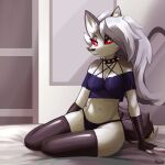  1:1 anthro bed canid canid_demon canine canis clothing collar demon female furniture hellhound helluva_boss hi_res legwear loona_(vivzmind) mammal panties rosefluff solo stockings underwear wolf 
