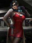  1girl ada_wong black_hair black_legwear black_scarf breasts cleavage cloak dress fbi gloves hand_on_hip looking_at_viewer medium_breasts nextoad night parking_lot patreon_username red_dress resident_evil resident_evil_2 scarf short_hair solo sunglasses thighhighs watermark 