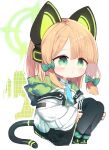  1girl :o animal_ears bangs black_footwear black_legwear blue_archive blue_neckwear boots bow brown_hair cat_ear_headphones cat_ears chibi collared_shirt commentary_request eyebrows_visible_through_hair fake_animal_ears full_body green_bow green_eyes hair_bow halo headphones highres hood hood_down hooded_jacket jacket knees_up kotatu_(akaki01aoki00) midori_(blue_archive) necktie open_clothes open_jacket parted_lips shirt sitting solo tail thighhighs thighhighs_under_boots white_background white_jacket white_shirt 