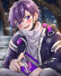 1boy bench hatoka_ra5 highres male_focus open_clothes open_mouth purple_eyes purple_hair shima_(niconico) shirt simple_background smile snow solo urashimasakatasen utaite_(singer) 