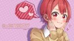  1boy aho_no_sakata hands_on_own_face hatoka_ra5 heart highres male_focus niconico patterned_background pink_background polka_dot polka_dot_background red_eyes red_hair shirt simple_background smile solo spoken_heart urashimasakatasen utaite_(singer) 