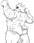  2021 anthro butt clothing hi_res humanoid_hands kamui_shirow male mammal monochrome musclegut nipples scar simple_background solo underwear ursid white_background wrestler 