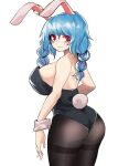  1girl animal_ears ass back bangs bare_shoulders black_legwear blue_hair blush braid breasts bunny_ears bunny_tail commentary cowboy_shot ear_clip highres huge_breasts long_hair looking_at_viewer looking_back mandarok1149 pantyhose playboy_bunny red_eyes seiran_(touhou) sideboob sidelocks simple_background solo tail touhou wavy_mouth white_background wrist_cuffs 