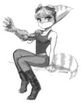  2021 anthro biped black_and_white breasts clothed clothing cybernetic_arm cybernetic_limb eyewear female fur goggles goggles_on_head hair hi_res john_joseco lombax looking_at_viewer mammal monochrome neckerchief prosthetic prosthetic_arm prosthetic_limb ratchet_and_clank rivet_(ratchet_and_clank) robotic_arm shirt signature simple_background sitting sketch small_breasts solo solo_focus sony_corporation sony_interactive_entertainment striped_ears striped_tail stripes tank_top topwear video_games 