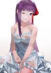  1girl bangs bare_shoulders bb_(fate) bb_(fate)_(all) blazpu blush breasts cleavage collarbone dress fate/extra fate/extra_ccc fate_(series) hair_ribbon highres large_breasts long_hair looking_at_viewer one_eye_closed parted_lips purple_eyes purple_hair red_ribbon ribbon sitting thighs very_long_hair white_dress 