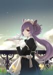  1girl apron black_dress bow bowtie braid breasts cat cloud cloudy_sky double_bun dress fence from_side genshin_impact grass half-closed_eyes highres keqing_(genshin_impact) light_smile long_sleeves maid maid_apron medium_breasts plate puffy_long_sleeves puffy_sleeves purple_eyes purple_hair qingye_ling sky tray twintails 