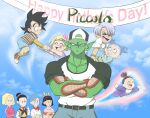  :d backwards_hat baseball_cap blonde_hair bow casual character_request colored_skin crossed_arms day dragon_ball green_skin hat highres male_focus mother&#039;s_day open_mouth outdoors piccolo pink_bow pointy_ears simplymacy smile 