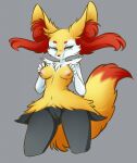  anthro beauty_mark blue_eyes braixen breasts canid chest_tuft dipstick_tail eyelashes female fluffy fluffy_tail fur genitals half-closed_eyes hi_res inner_ear_fluff mammal misshammer multicolored_tail narrowed_eyes nintendo nipples nude pok&eacute;mon pok&eacute;mon_(species) pussy smile solo tuft video_games yellow_body yellow_fur 
