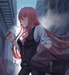  1girl alley black_nails blowing_smoke breasts cigar english_commentary eyebrows_visible_through_hair highres holding holding_cigar hololive hololive_english icewind0223 long_hair mori_calliope outdoors purple_hair red_eyes virtual_youtuber 