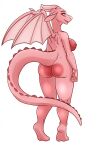  anthro breasts butt dragon female hi_res horn looking_back membrane_(anatomy) membranous_wings misshammer nipples non-mammal_breasts nude pink_body pink_scales red_eyes rose_(natsunomeryu) scales scalie simple_background smile solo spiked_tail spikes spikes_(anatomy) standing wings 
