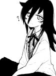  1girl :&lt; ? bags_under_eyes bangs between_legs big_eyes cardigan from_side greyscale hair_between_eyes hand_between_legs hands_on_lap hatching_(texture) kuroki_tomoko linear_hatching long_bangs long_hair long_sleeves looking_at_viewer looking_to_the_side looking_up monochrome nagayama_(zappazappa) neck_ribbon parted_lips ribbon simple_background sitting solo triangle_mouth watashi_ga_motenai_no_wa_dou_kangaetemo_omaera_ga_warui! white_background wing_collar 