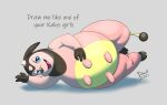  2021 2_horns blue_eyes cloven_hooves dialogue draw_me_like_one_of_your_french_girls english_text eyelashes female fur grey_background hi_res hooves horn looking_at_viewer lying meme miltank misterdonut nintendo on_side open_mouth open_smile overweight overweight_female pink_body pink_fur pok&eacute;mon pok&eacute;mon_(species) signature simple_background smile solo teats text udders video_games 