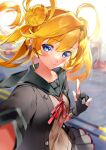  1girl abukuma_(kancolle) bangs black_gloves blonde_hair blue_eyes blush double_bun eyebrows_visible_through_hair gloves grey_sailor_collar hair_rings highres irokiiro kantai_collection long_hair looking_at_viewer neck_ribbon ok_sign partially_fingerless_gloves pleated_skirt red_neckwear remodel_(kantai_collection) ribbon sailor_collar school_uniform selfie serafuku short_sleeves skirt smile solo twintails upper_body 