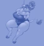  anthro big_breasts bound bovid bovine breasts cattle cleavage clothed clothing collar ear_piercing ear_ring eyebrow_piercing facial_piercing female hands_tied hooves lip_piercing mammal misterdonut monochrome nipple_outline one-piece_swimsuit overweight overweight_anthro overweight_female piercing simple_background solo suspension swimwear 