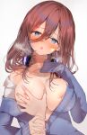  1boy 1girl :o absurdres assisted_coverage blue_eyes blue_sweater blush breasts brown_hair commentary_request go-toubun_no_hanayome groping hair_between_eyes head_tilt highres huge_filesize large_breasts long_hair looking_at_viewer nakano_miku niku_(hamuchang) nipple_slip nipples nose_blush off_shoulder open_mouth pov simple_background solo_focus sweat sweater upper_body white_background 