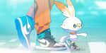  1other absurdres bandaid bandaid_on_nose blurry blush closed_mouth commentary_request creature gen_8_pokemon highres orange_pants pokemon saiku_(zvlku) scorbunny shoes smile sneakers standing starter_pokemon 
