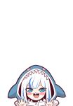  1girl animal_hood bangs blue_eyes blue_hair blush_stickers dice_coffeedox gawr_gura hands_up highres hololive hololive_english hood multicolored_hair open_mouth shadow shark_hood sharp_teeth simple_background smile solo streaked_hair teeth upper_body virtual_youtuber white_background white_hair 