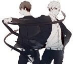  2boys back belt black_jacket black_neckwear black_pants brothers collared_shirt dress_shirt eyebrows_visible_through_hair formal from_behind haikyuu!! highres jacket long_sleeves looking_at_viewer male_focus miya_atsumu miya_osamu multiple_boys necktie necktie_removed pant_suit pants shirt short_hair siblings simple_background smile suit twins white_background white_shirt yasai_(getsu) 