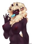  5_fingers anthro areola big_breasts black_areola black_body black_fur black_nipples bovid breasts caprine curvy_figure dessert female fingers food fur hi_res horn ice_cream looking_at_viewer mammal mole_(marking) nipples nude sheep solo thick_thighs under_boob voluptuous were werecaprine weresheep wool_(fur) xalda xxxdmr 