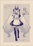  1girl adapted_costume alternate_costume apron cake dress eating enmaided facial_mark fate/grand_order fate_(series) food frilled_dress frills full_body greyscale hair_ribbon hizuki_aya horns ibaraki_douji_(fate) ice_cream long_hair macaron maid monochrome oni_horns puffy_short_sleeves puffy_sleeves ribbon sepia short_sleeves solo sundae thighhighs translation_request tray twintails very_long_hair waist_apron wrist_cuffs 