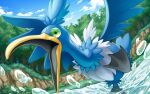  bird cloud commentary_request cramorant day gen_8_pokemon grass green_eyes hakuginnosora highres no_humans open_mouth outdoors pokemon pokemon_(creature) sky solo standing standing_on_one_leg tongue tree wading water water_drop 
