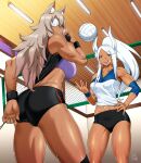  2girls abs absurdres animal_ears boku_no_hero_academia breasts brown_hair dark_skin dark_skinned_female eyepatch ghislaine_dedoldia highres large_breasts mirko multiple_girls muscular muscular_female mushoku_tensei smug sportswear sweat thick_thighs thighs volleyball volleyball_net volleyball_uniform white_hair 