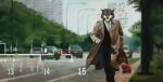  anthro apple canid canine canis clothing coat food fruit hi_res male mammal plant rakan solo street text topwear trenchcoat trunorth wolf 