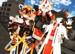  3d_(artwork) aak_(arknights) anthro arknights black_body black_hair canid canine canis clothed clothing digital_media_(artwork) domestic_dog felid female fur group hair hi_res hung_(arknights) hypergryph male malicekira mammal multicolored_body multicolored_fur multicolored_hair orange_body orange_fur orange_hair pantherine short_hair smile studio_montagne tiger video_games waaifu_(arknights) white_body white_fur white_hair 