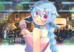  1girl :o alcohol bangs bare_shoulders blue-framed_eyewear blue_hair blurry blurry_background blush braid breasts commentary_request cup depth_of_field drinking_glass eyebrows_visible_through_hair glasses hair_between_eyes hair_ornament hand_up holding holding_cup indie_virtual_youtuber kouu_hiyoyo long_hair looking_at_viewer looking_back neru_furiko parted_lips pink_shirt purple_eyes round_eyewear shirt single_braid sleeveless sleeveless_shirt small_breasts solo star_(symbol) star_hair_ornament wine wine_glass 